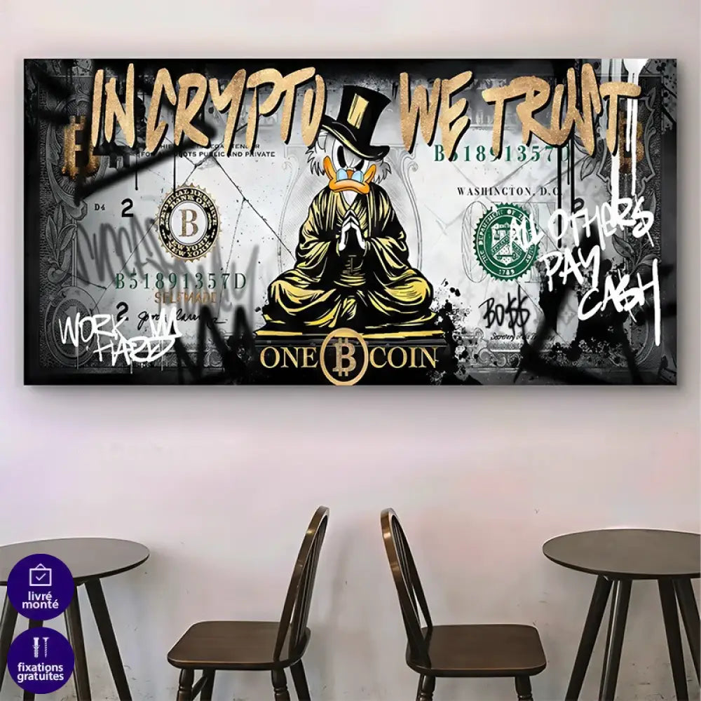 Œuvre pop art crypto-monnaie avec personnage méditant et fond billet de banque