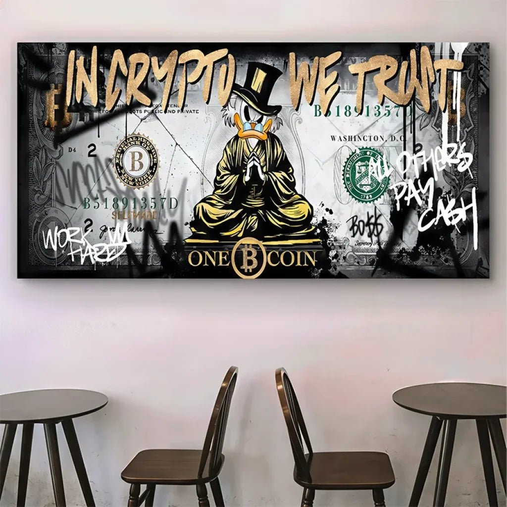 Œuvre pop art crypto-monnaie avec personnage méditant et fond billet de banque