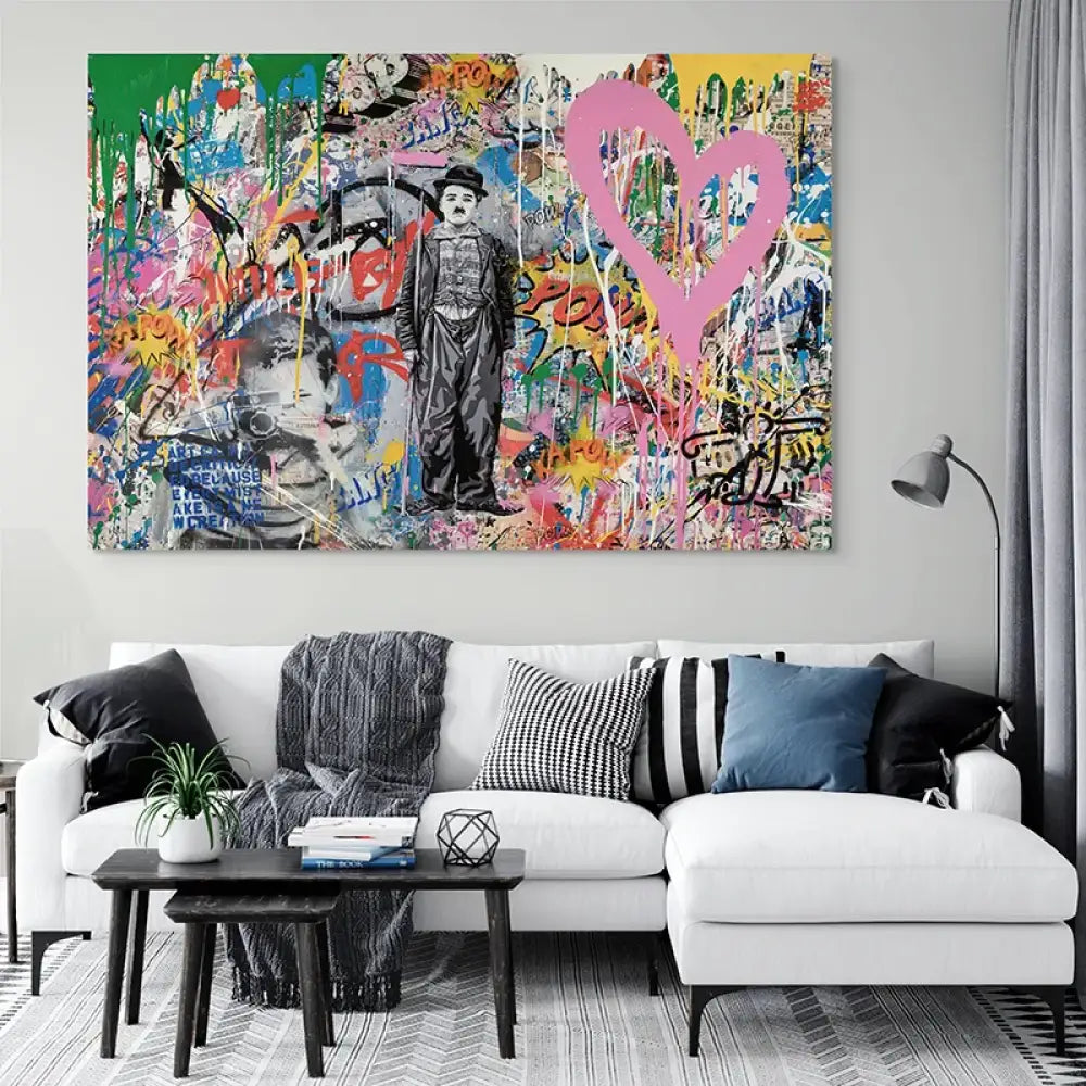 tableau street art Charlie Chaplin cœur rose