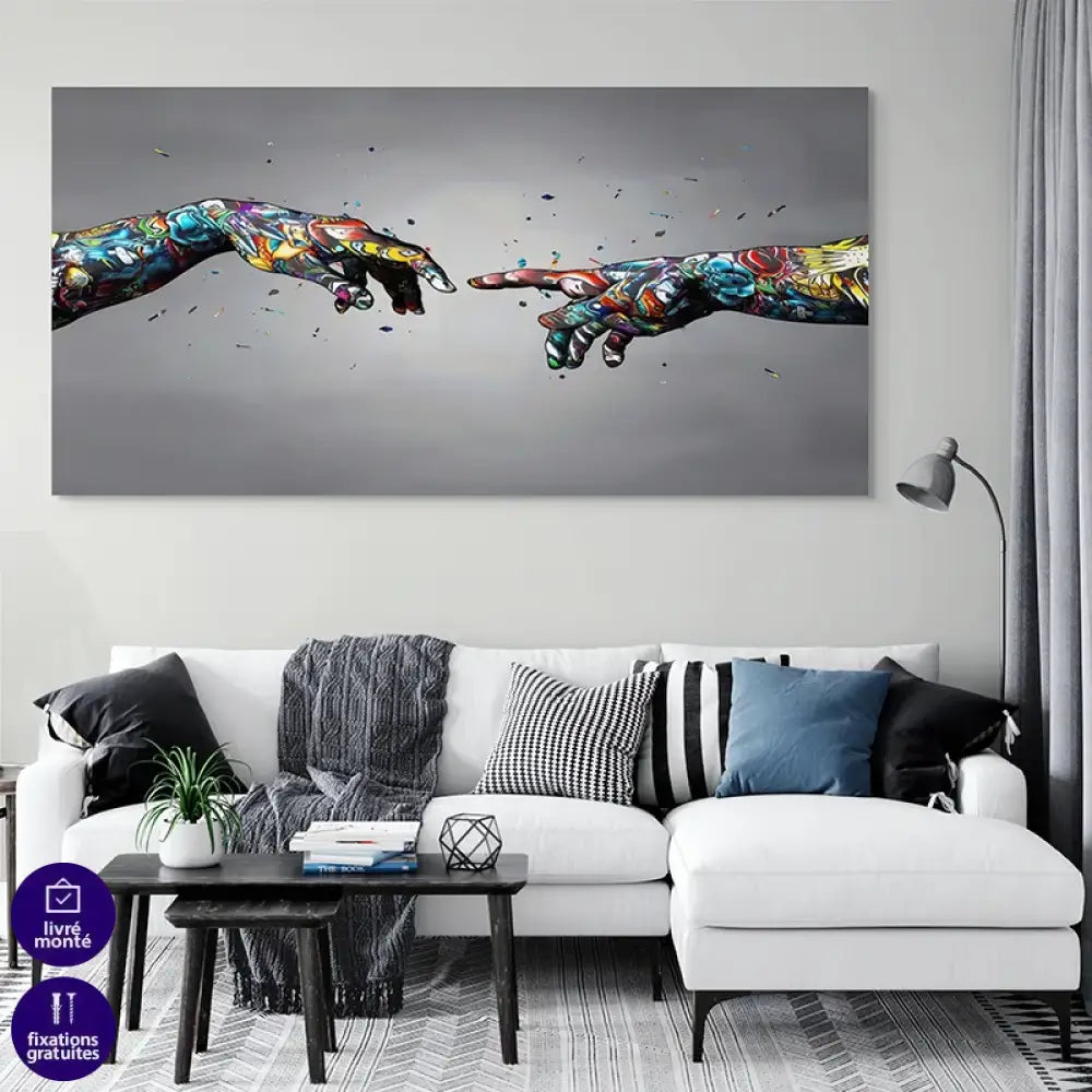 Tableau Street Art – mains colorées en mouvement, déco murale design