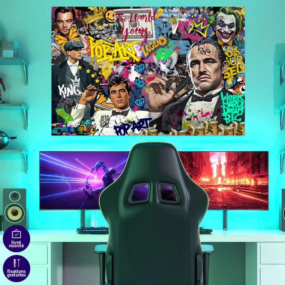 Décoration murale pop art avec couronnes et typographies, tableau moderne prêt à accrocher