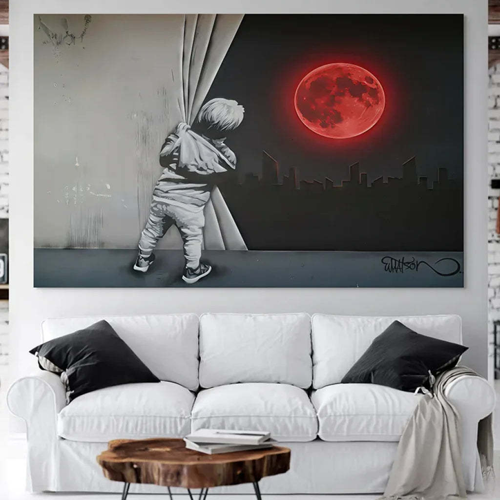 L’Enfant et la Lune Rouge – déco murale moderne noir & rouge