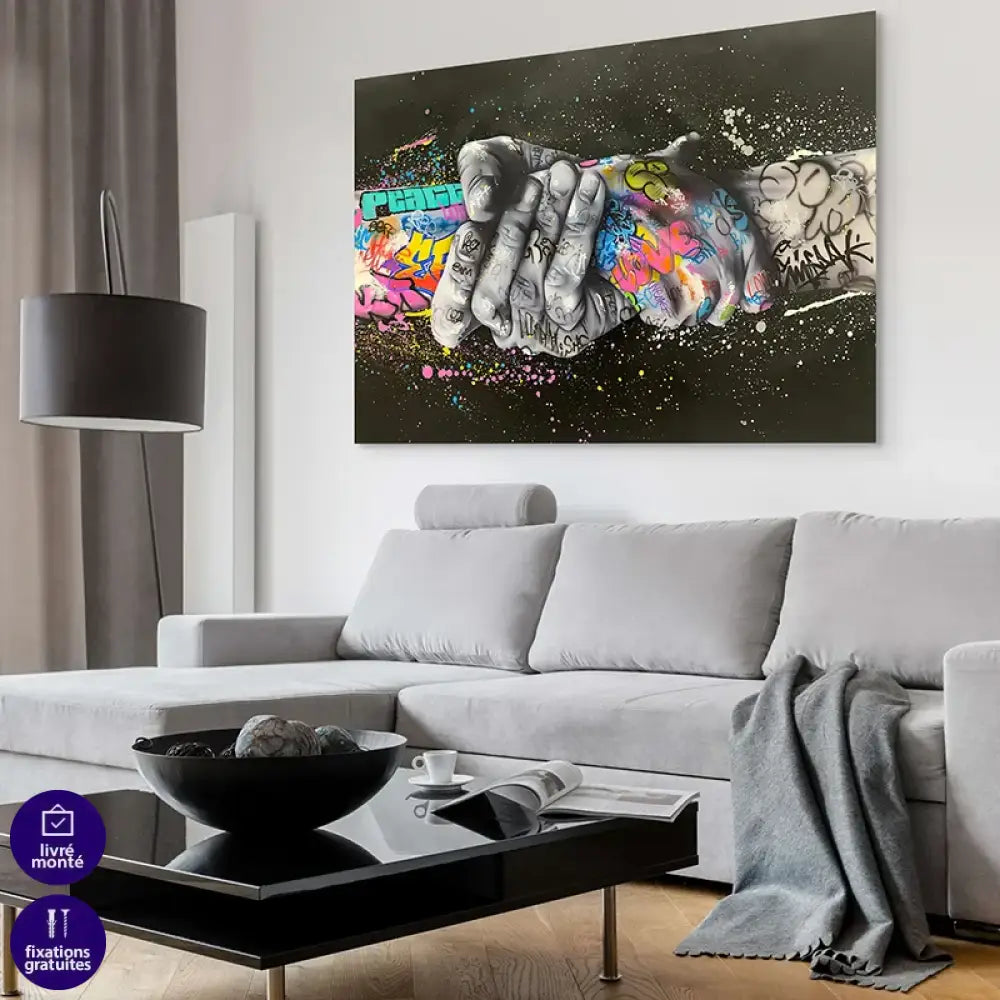 œuvre street art handshake graffiti sur fond noir étoilé