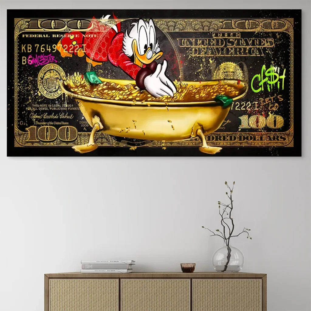 Toile pop art Picsou luxe et argent sur fond de 100 dollars graffiti