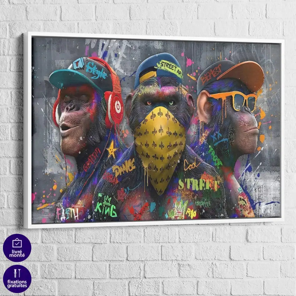 Tableau street art Singes Urbains, trio de primates graffiti