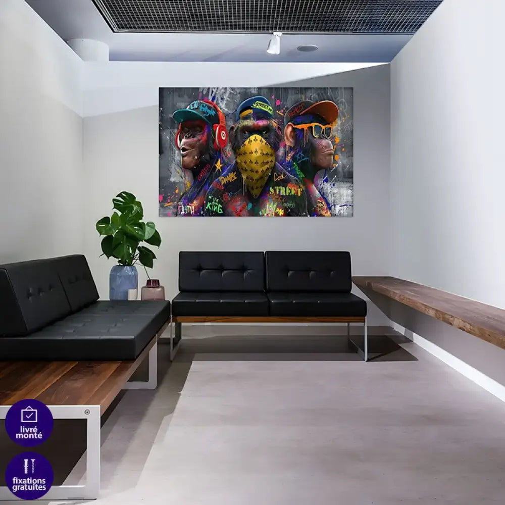 Toile street art en cadre flottant noir, tags multicolores et coulures