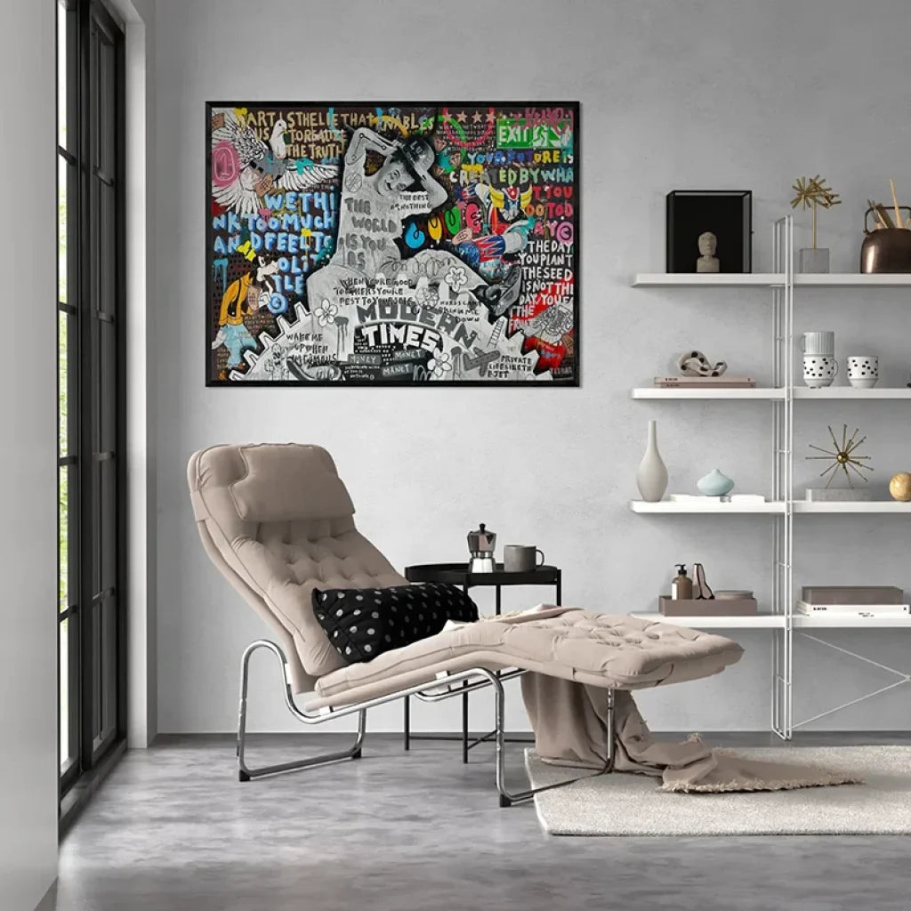 Œuvre murale colorée style graffiti urbain et messages engagés