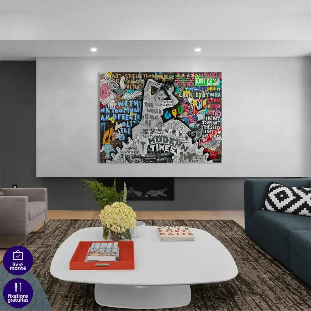 Toile contemporaine Temps Modernes avec Charlie Chaplin et lettrages