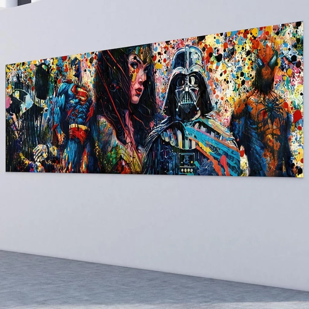 Tableau moderne avec super-héros célèbres sur fond graphique éclaté