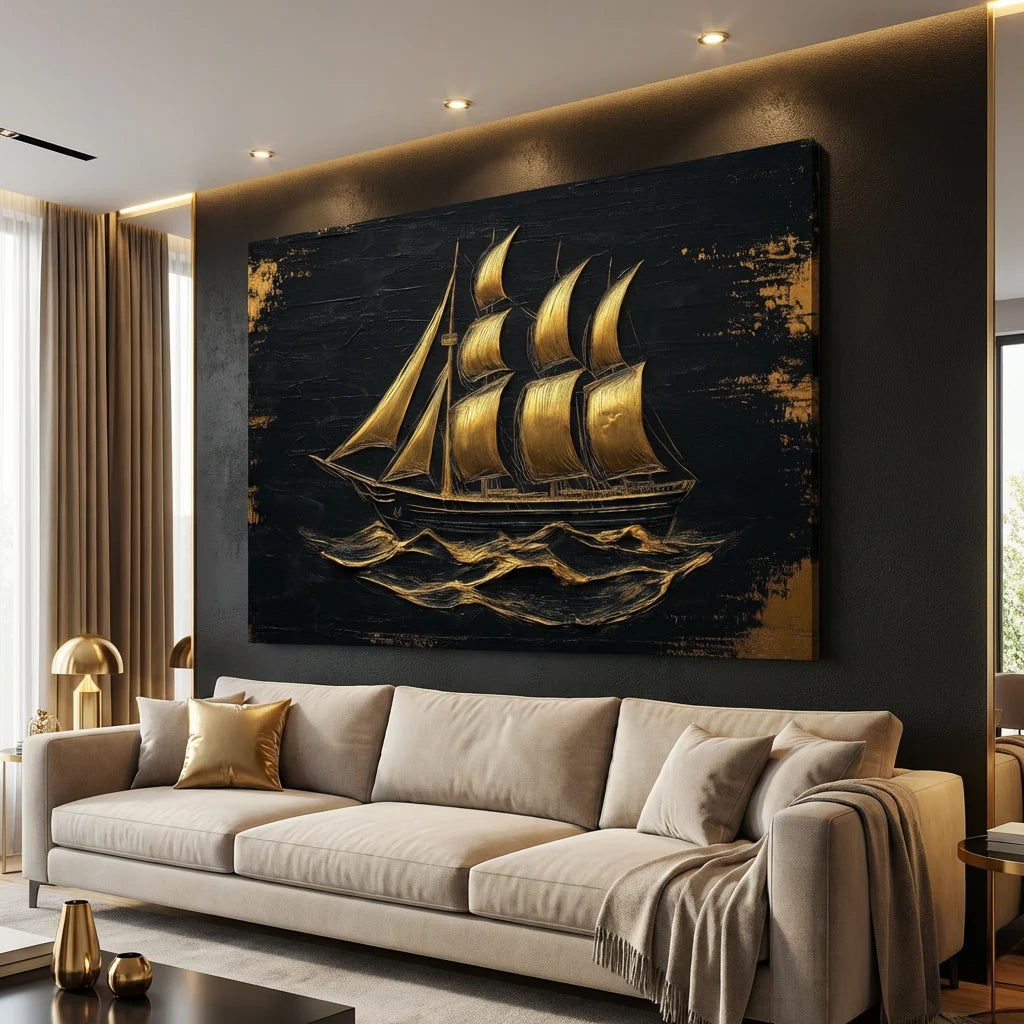 tableau bateau doré art contemporain élégant