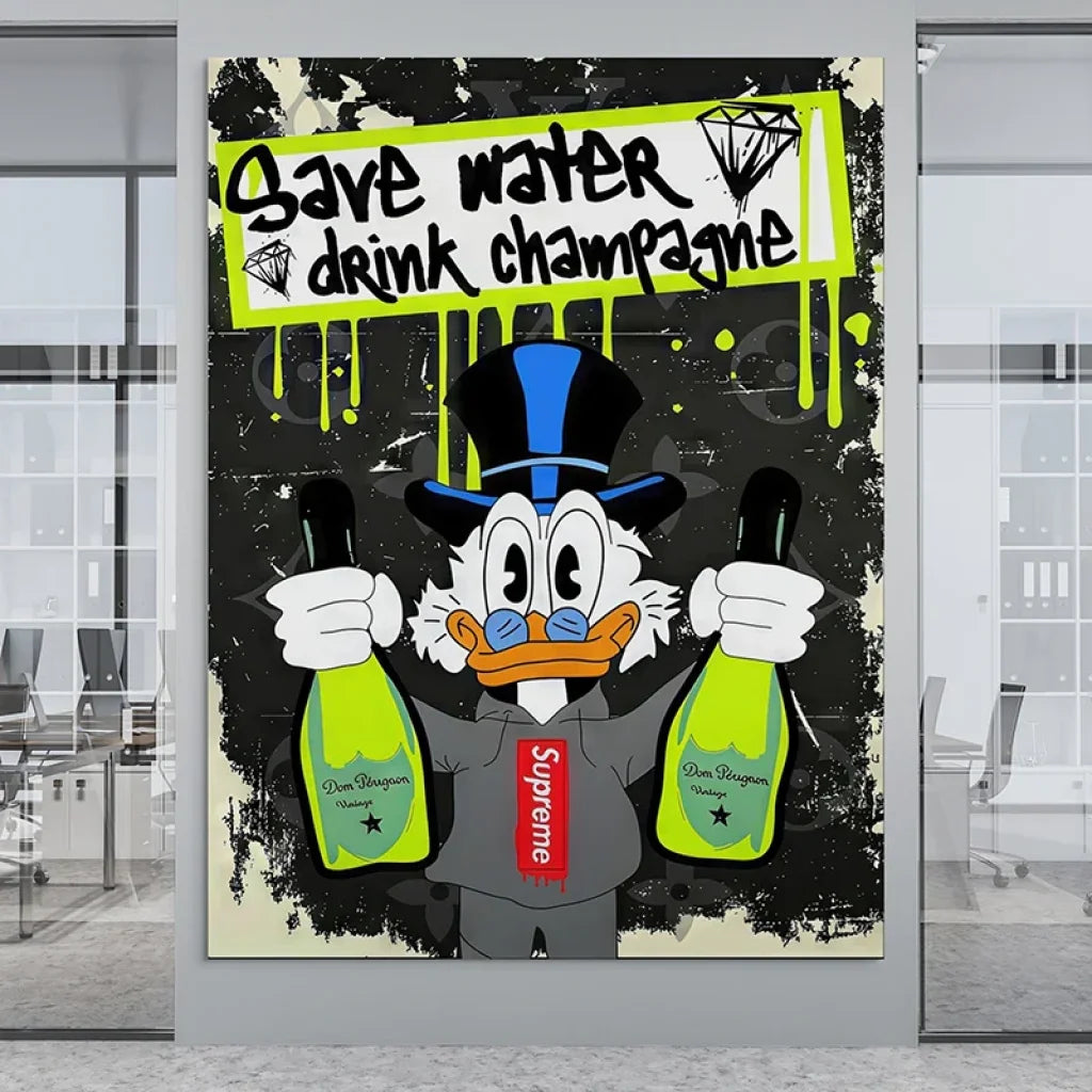 tableau graffiti canard millionnaire bouteilles