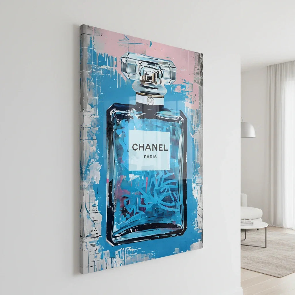 tableau plexiglas brillant flacon parfum bleu