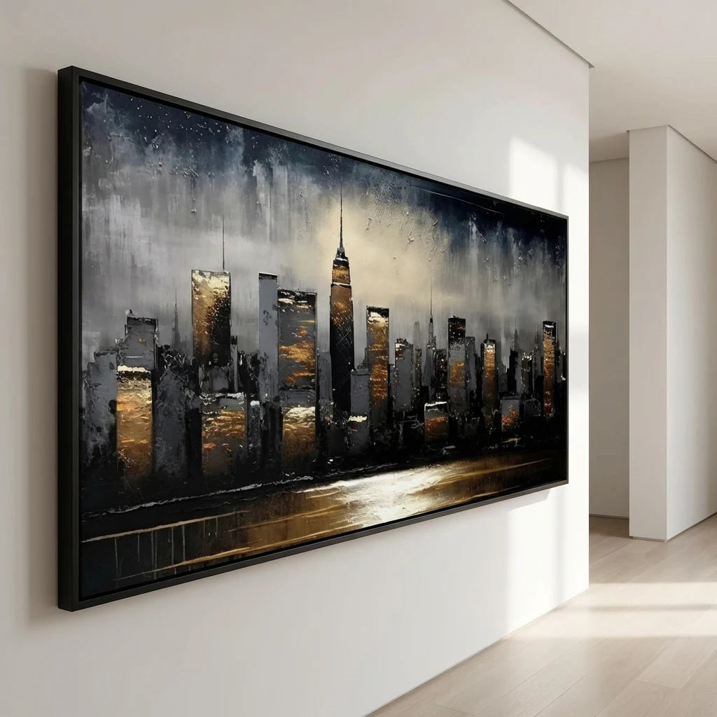 tableau ville nocturne noir et or peinture artistique