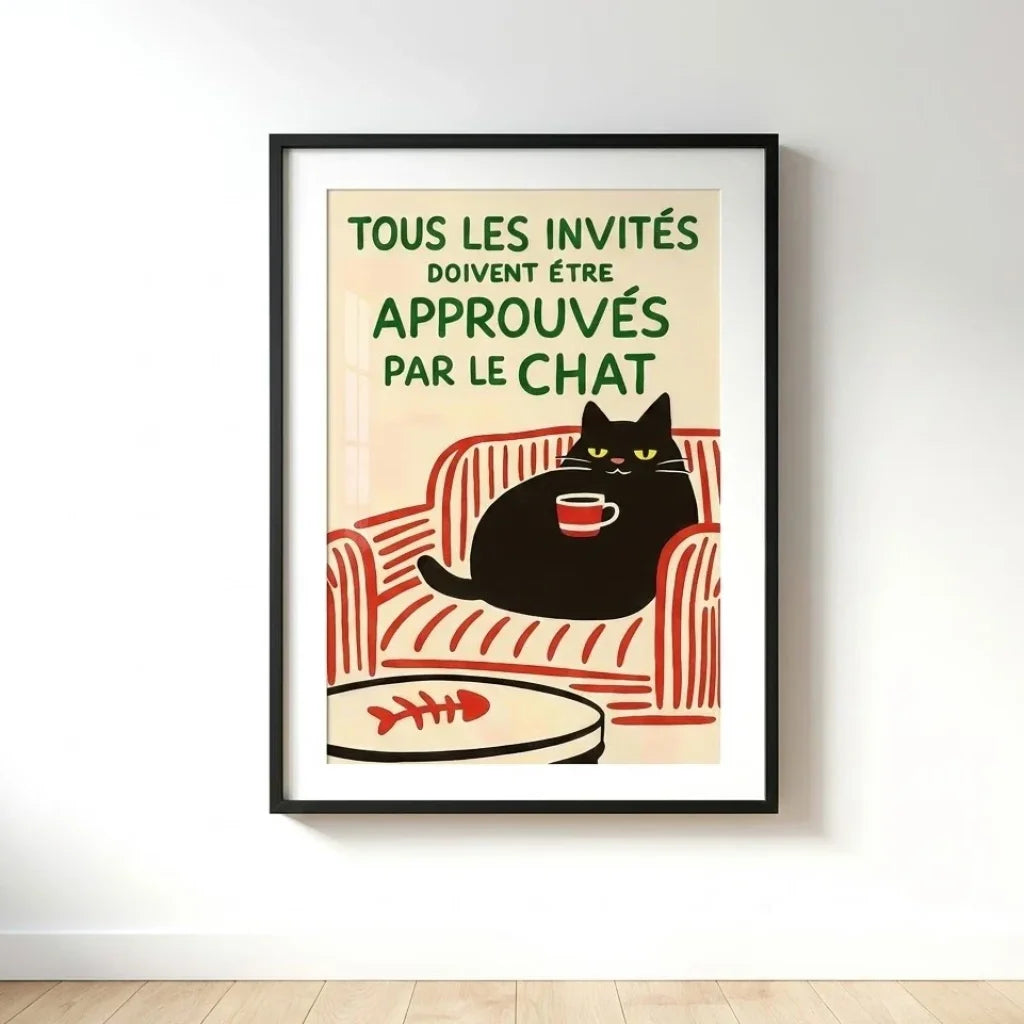 Affiche déco chat avec citation amusante dans un hall d’entrée