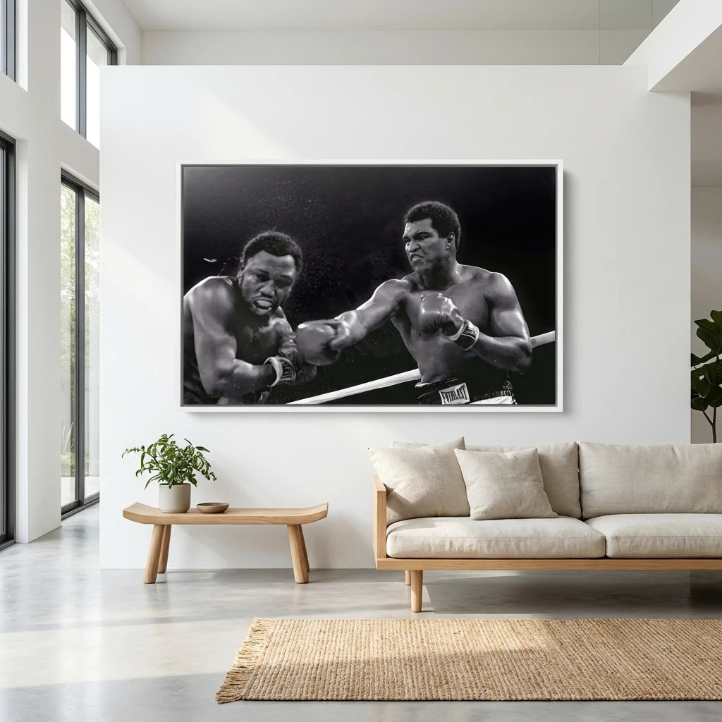 Décoration murale boxe noir et blanc, scène iconique sur le ring