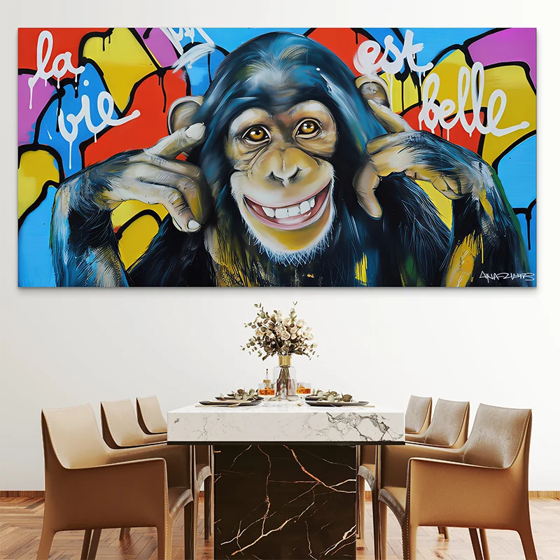 Décoration murale colorée singe heureux graffiti

