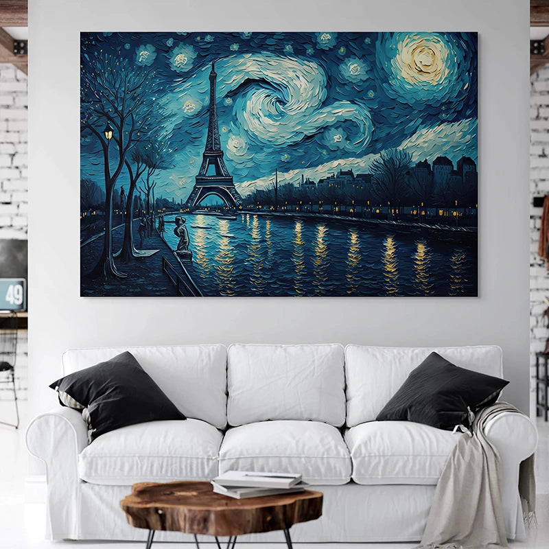 Tableau Tour Eiffel nocturne, ciel tourbillonnant bleu