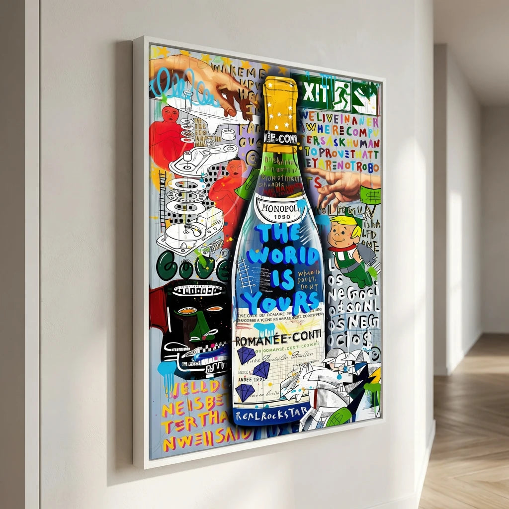Tableau avec cadre flottant blanc pop art bouteille, Montableaudeco