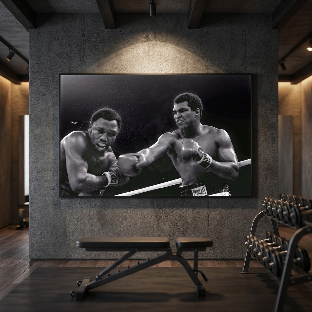 Tableau boxe cadre flottant noir, décoration murale sportive premium