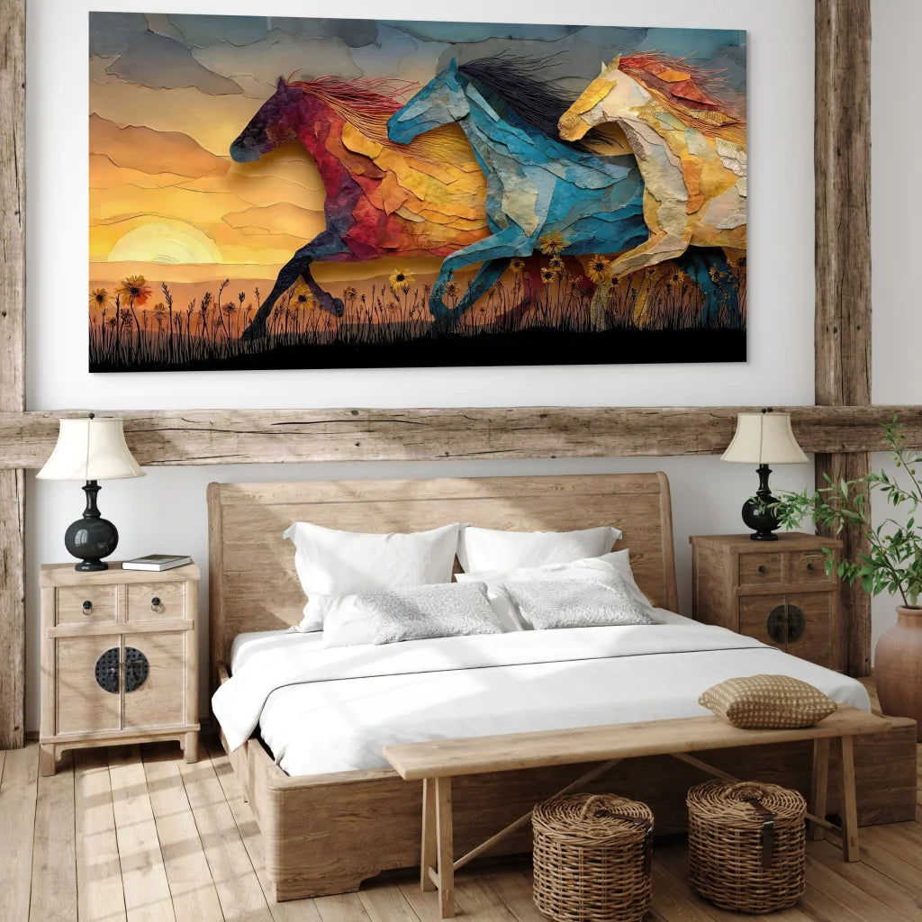 Tableau chevaux artistiques couleurs chaudes ambiance nature et liberté