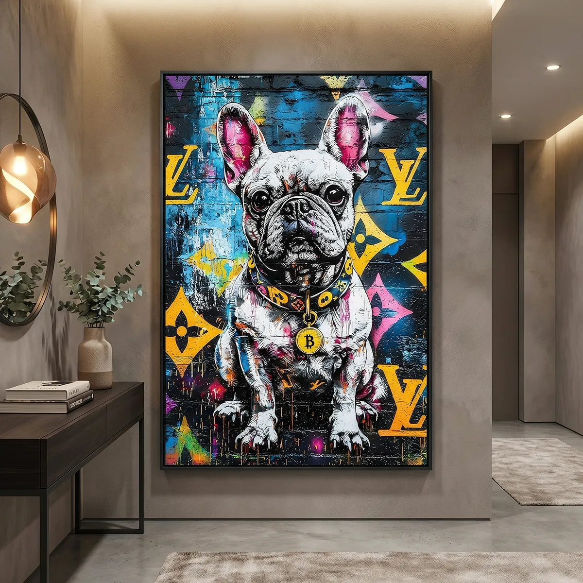 Tableau chien bouledogue français street art fond graffiti multicolore