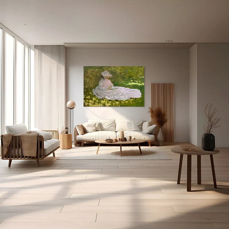 Tableau déco romantique Monet femme au jardin lecture Printemps