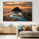 Tableau décoratif Mont Saint-Michel au coucher de soleil, lumière dorée sur l’abbaye