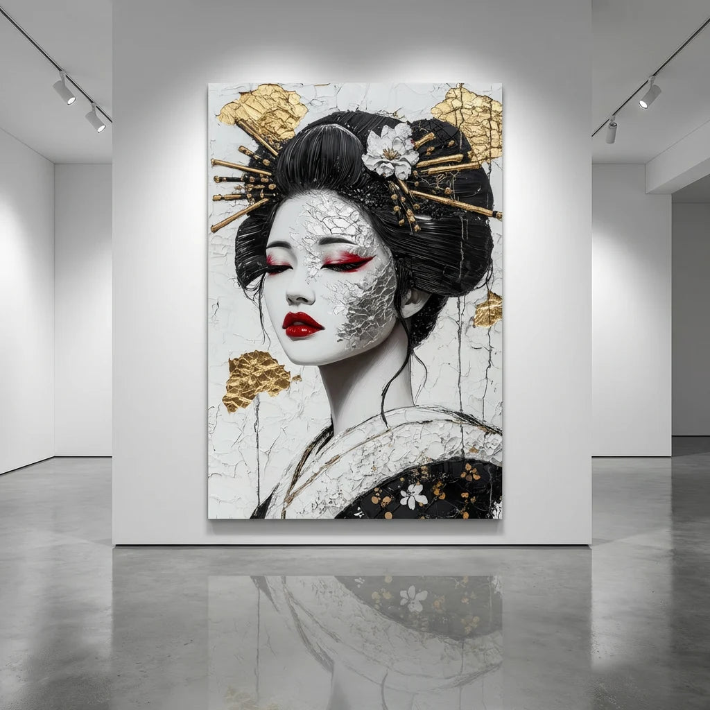 Tableau femme asiatique moderne maquillage rouge et fond texturé