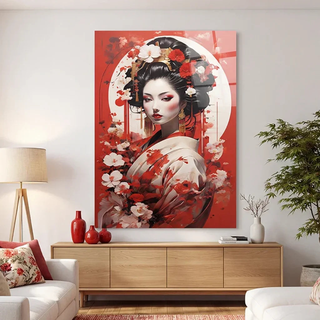 Tableau femme japonaise fleurs rouges art mural