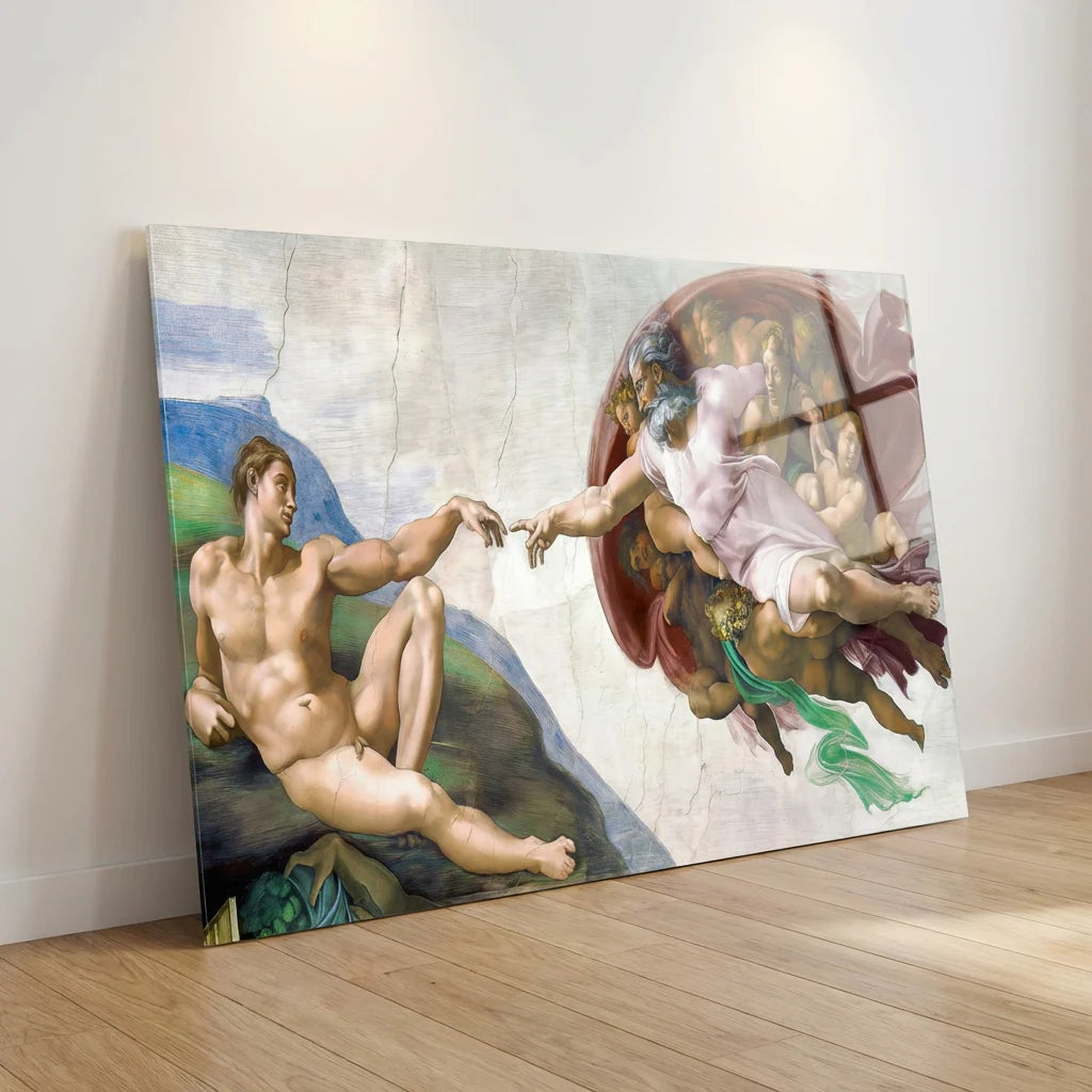 Tableau plexiglas La Création d’Adam effet brillant et profondeur sans fixation visible
