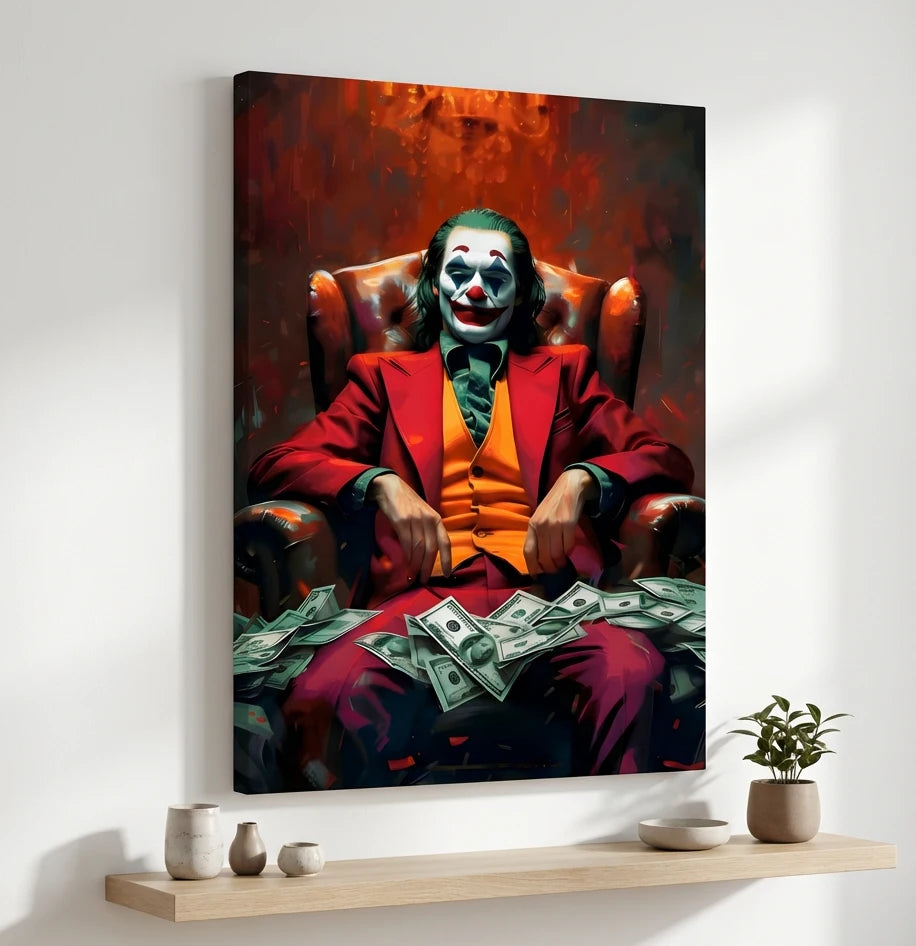 Tableau street art Joker avec billets, art urbain puissant pour salon