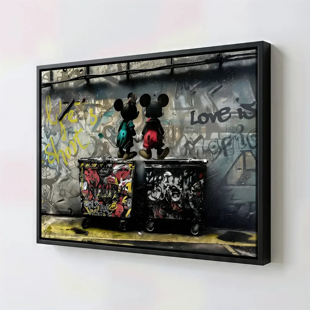 Tableau street art Mickey cadre flottant noir