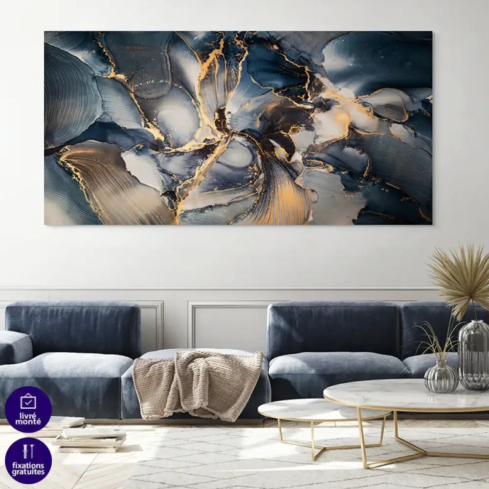 Tableau art contemporain marbrures bleues et éclats d’or