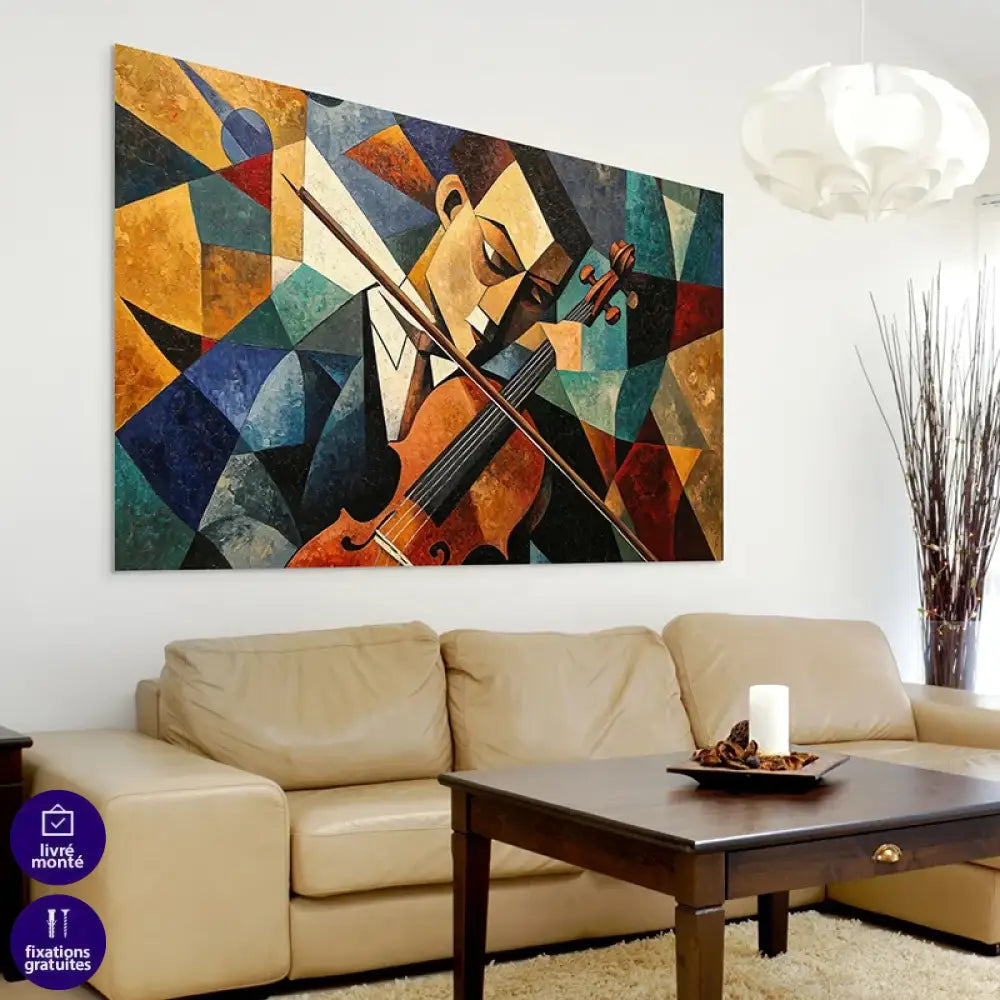 Tableau abstrait musicien – violon en couleurs cubiste