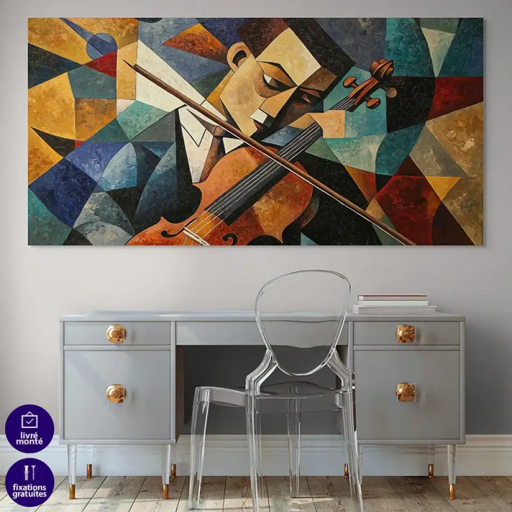 Tableau violon cubiste – musicien en teintes ocres et bleues, art moderne