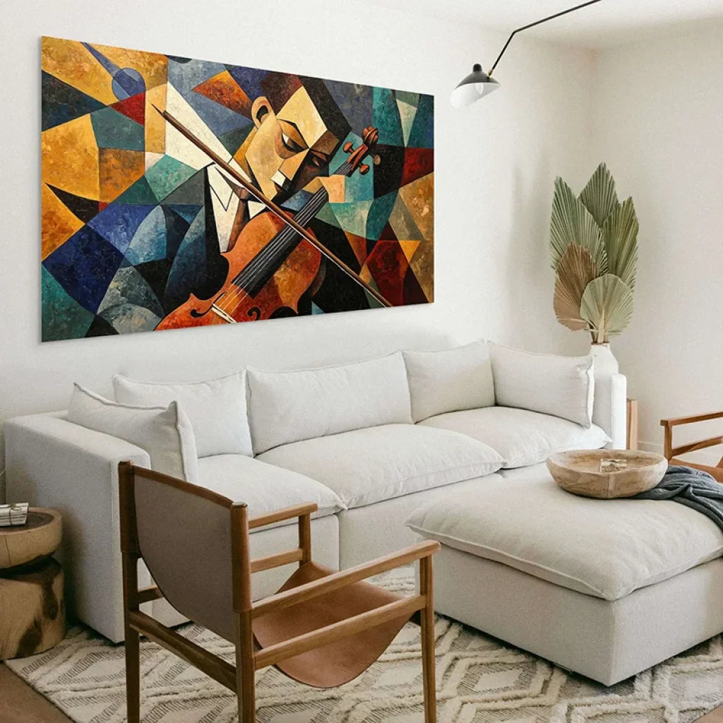 Tableau abstrait musicien – archet et violon, style cubiste contemporain