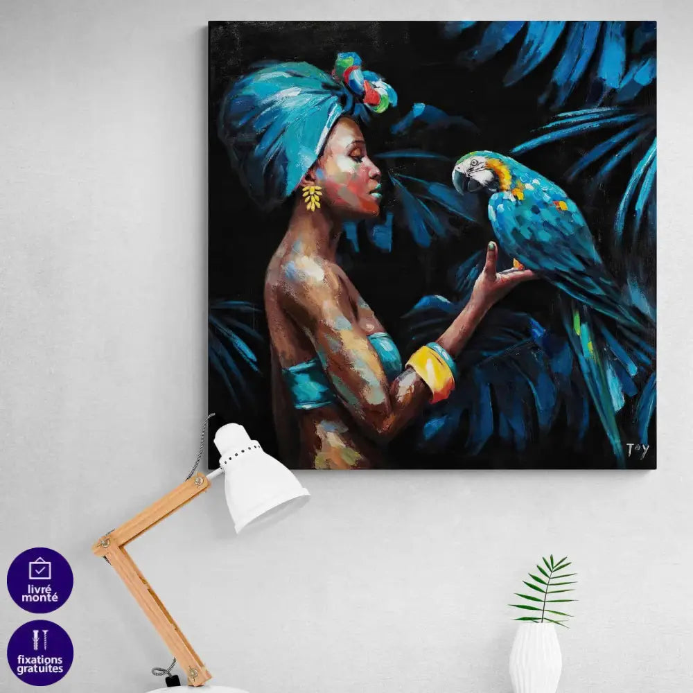 Tableau Afrique Femme Africaine et son Perroquet - Montableaudeco
