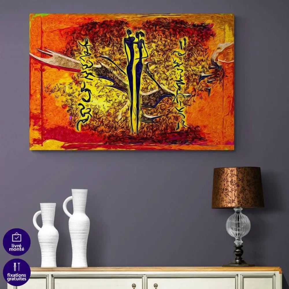 Tableau mural africain pour salon – couple amoureux doré/rouge