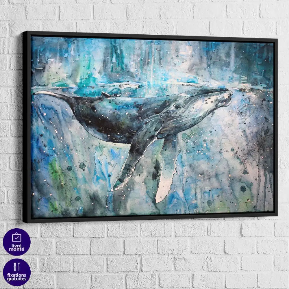 Tableau Baleine Bleu 40x60cm / Cadre Noir Tableau Mer