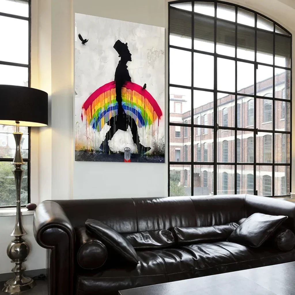 tableau banksy street art le marcheur arc en ciel