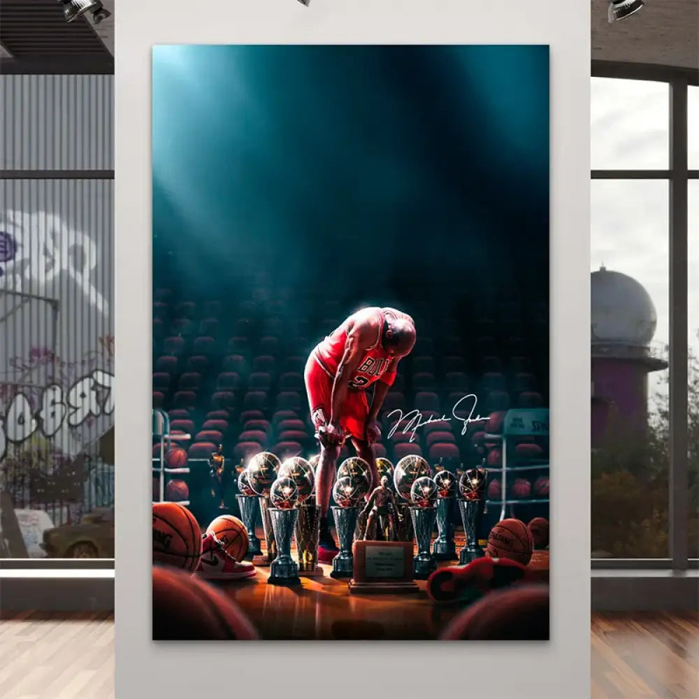 Tableau Michael Jordan avec ses trophées NBA sur fond sombre

