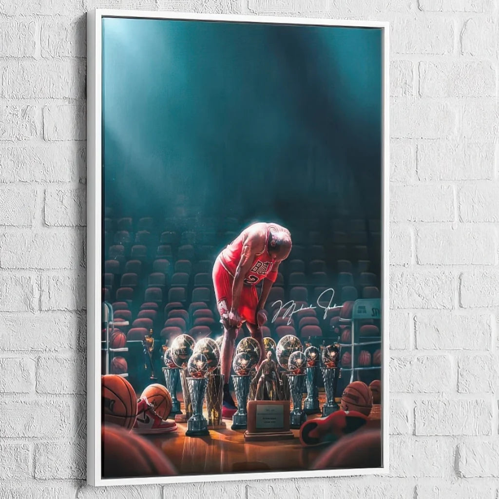 Affiche sportive Michael Jordan contemplant ses victoires

