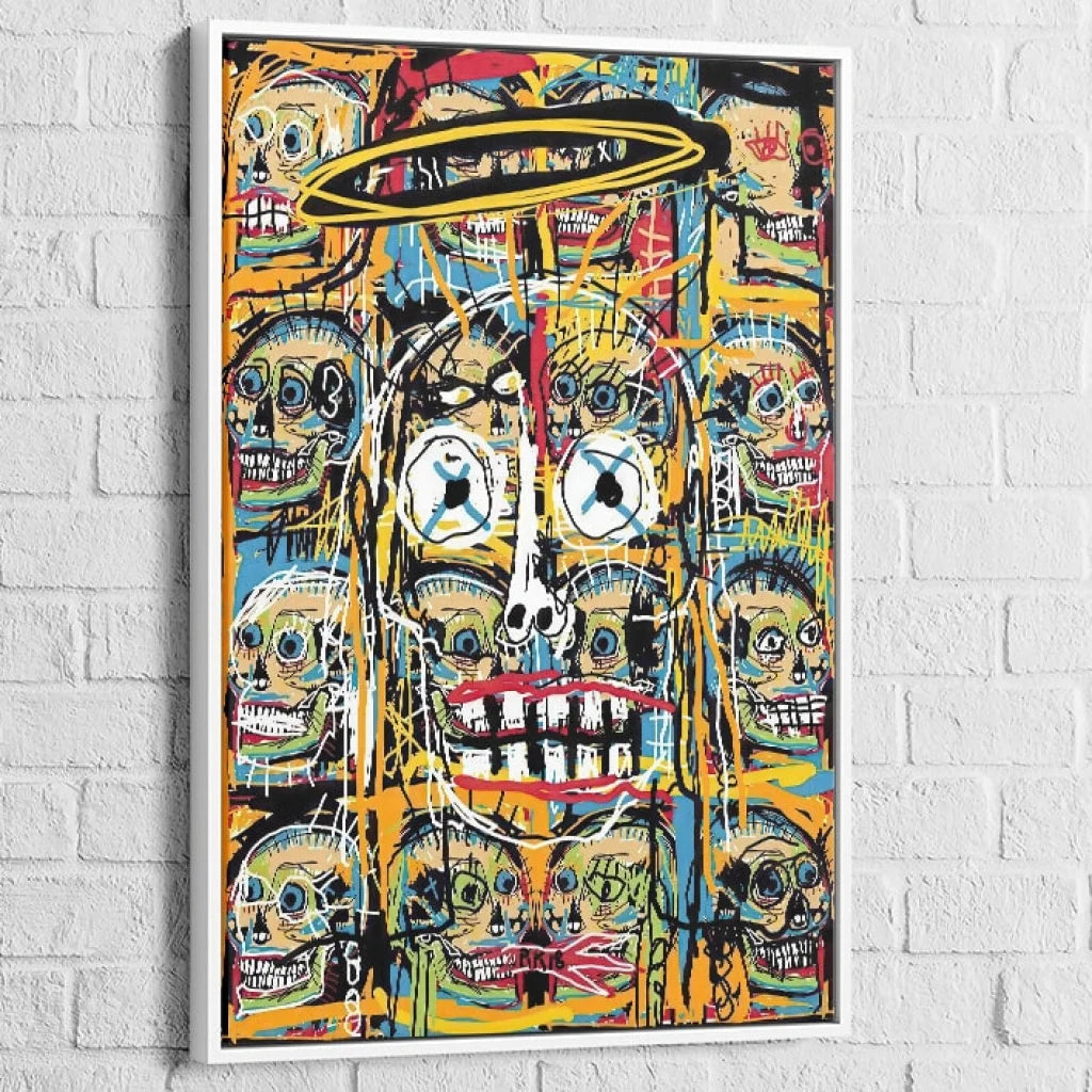 Tableau Basquiat Chaos des Crânes Célestes 40x60cm / Cadre Blanc Tableau Basquiat