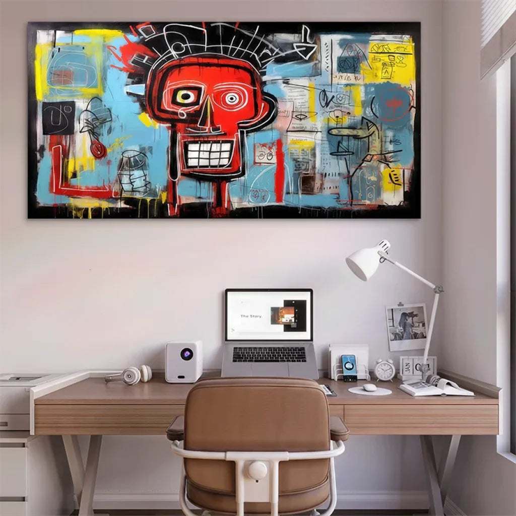 Toile imprimée style street art avec couleurs vives et symboles abstraits

