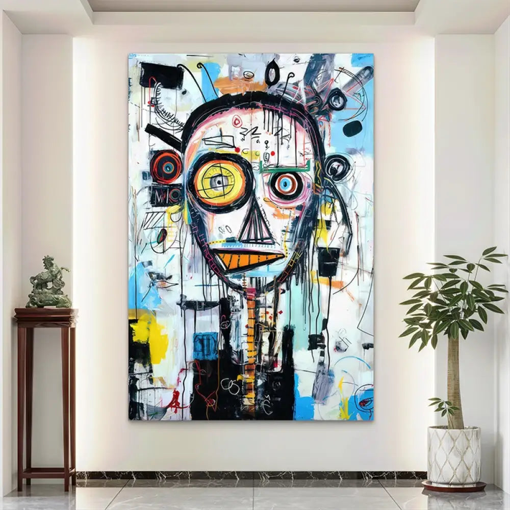 Tableau abstrait façon Basquiat exposé dans un salon moderne avec murs blancs