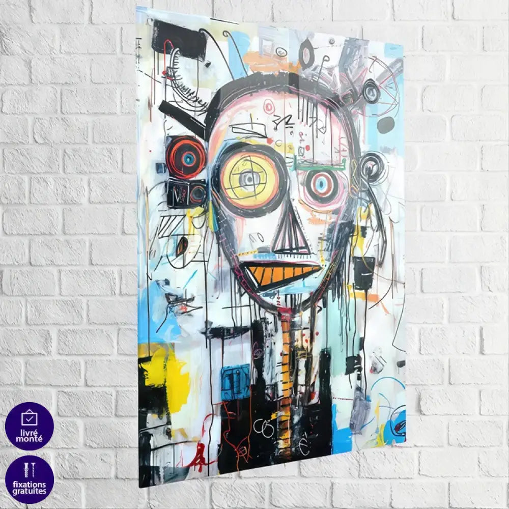 Œuvre murale inspirée de Basquiat avec portrait stylisé et symboles géométriques