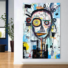 Zoom sur les détails graphiques et couleurs vives du tableau Basquiat L’Art de la Folie