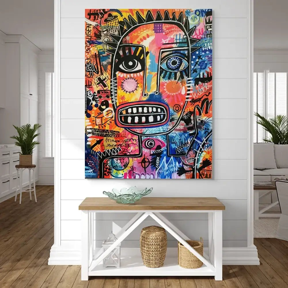 tableau basquiat urban mask visage totem couleurs vives street art