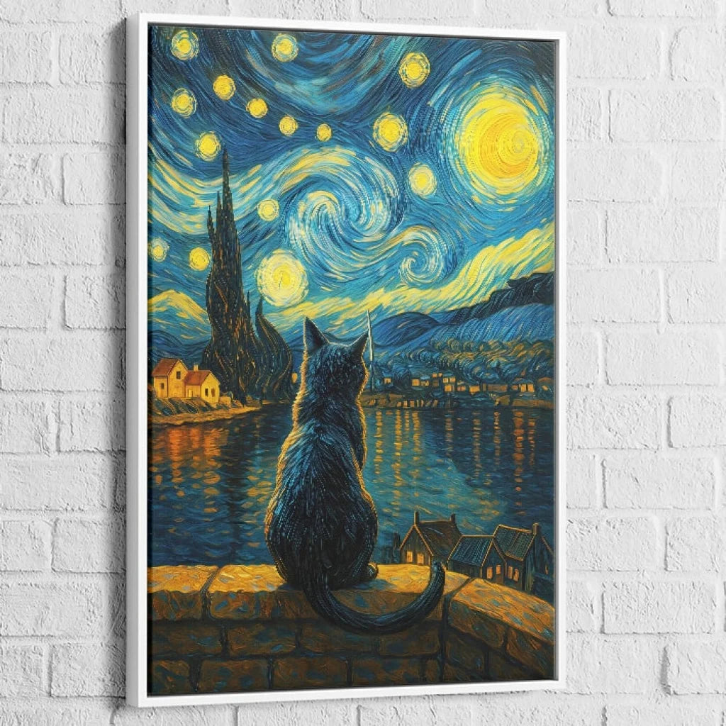Tableau moderne et original Chat & La Nuit Étoilée idéal pour habiller un mur de salon ou chambre

