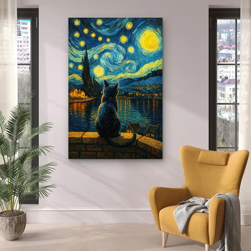 Tableau chat original et moderne assis sur un muret sous un ciel tourbillonnant

